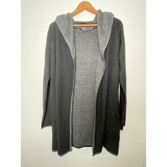 BNCI By Blanc Noir Black Gray Wool Blend Hooded Open Cardigan Pockets Sz Small - Picture 1 of 9